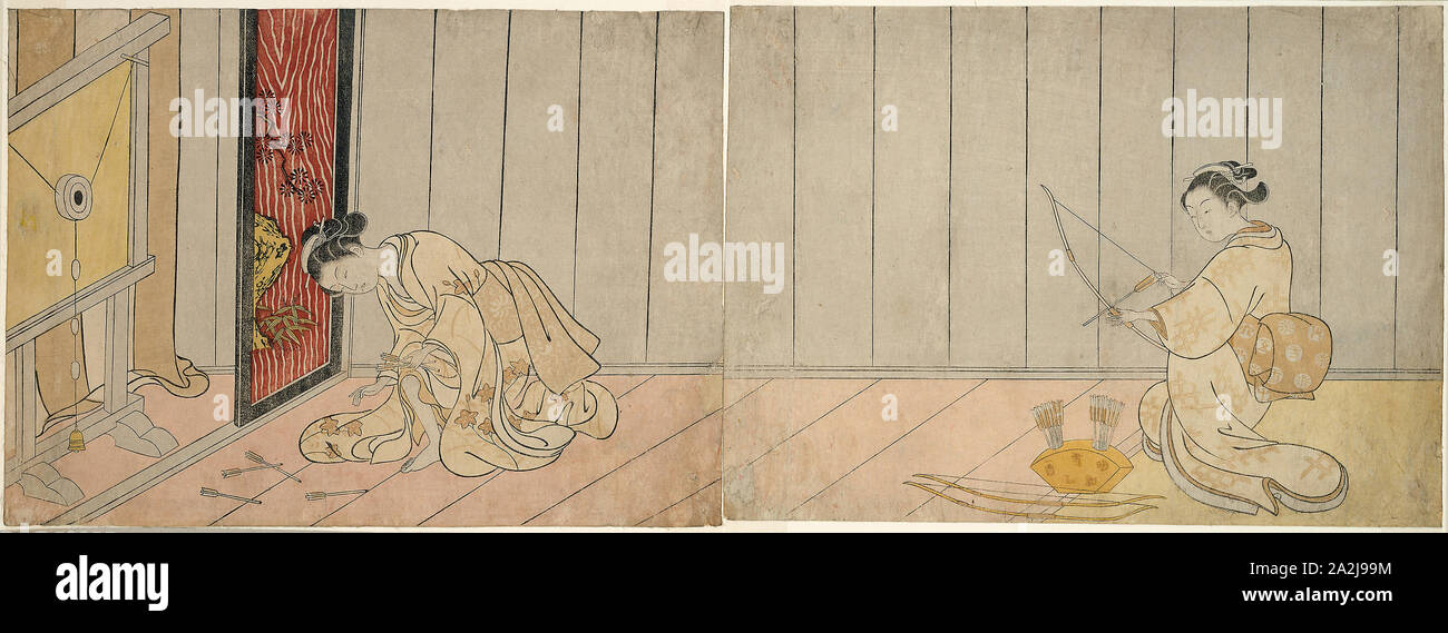La Galerie de Tir à l'ARC, 1765, Suzuki Harunobu 鈴木 春信, japonais, 1725 ( ?)-1770, le Japon, la couleur, estampe chuban yoko-e diptyque, dans l'ensemble 20,3 x 55,9 cm, 20,3 x 27,9 cm (à droite), 20,1 x 27,0 cm (à gauche Banque D'Images