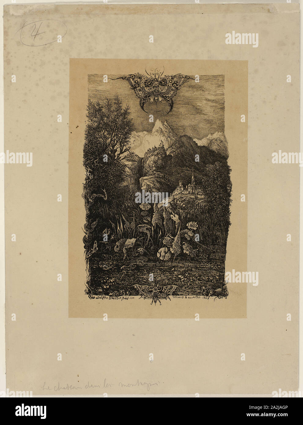 Le papillon et l'étang, 1868, Rodolphe Bresdin, Français, 1825-1885, France, lithographie gravure (transfert) dans des tons ocre noir sur vélin crème, 180 × 112 mm (image), 290 × 218 mm (feuille Banque D'Images