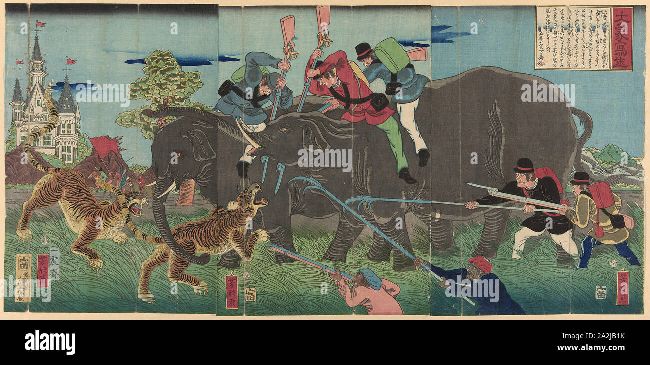 True Image d'un éléphant géant Taizo (shasei), 1863, Utagawa Yoshikata, Japonais, active c. 1841-64, le Japon, la couleur d'impression sur bois, triptyque oban Banque D'Images