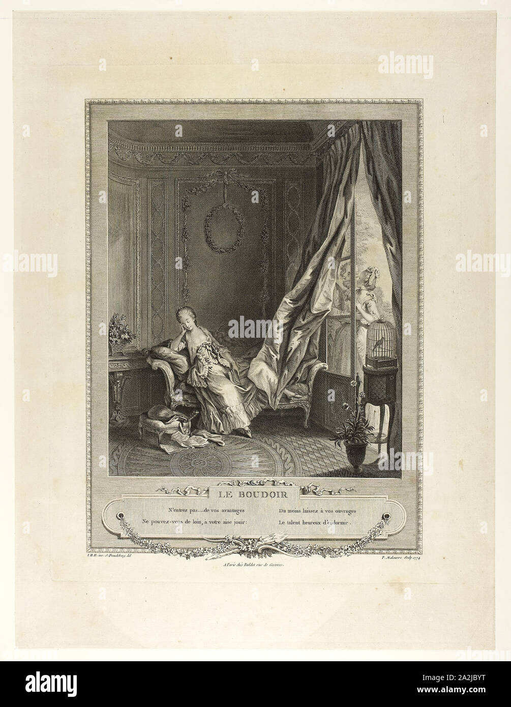 Le Boudoir, de monument du costume physique et moral de la fin du dix-huitième siècle, 1774, Pierre Maleuvre (Français, 1740-1803), après Sigmund Freudeberg, Suisse (1745-1801) et Jean Henri Eberts (Suisse, 18ème siècle), publié par Laurent-François Prault (français 1712-1780), France, gravure sur papier vergé ivoire, 280 × 230 mm (image), 408 × 324 mm (plaque), 503 × 379 mm (feuille Banque D'Images