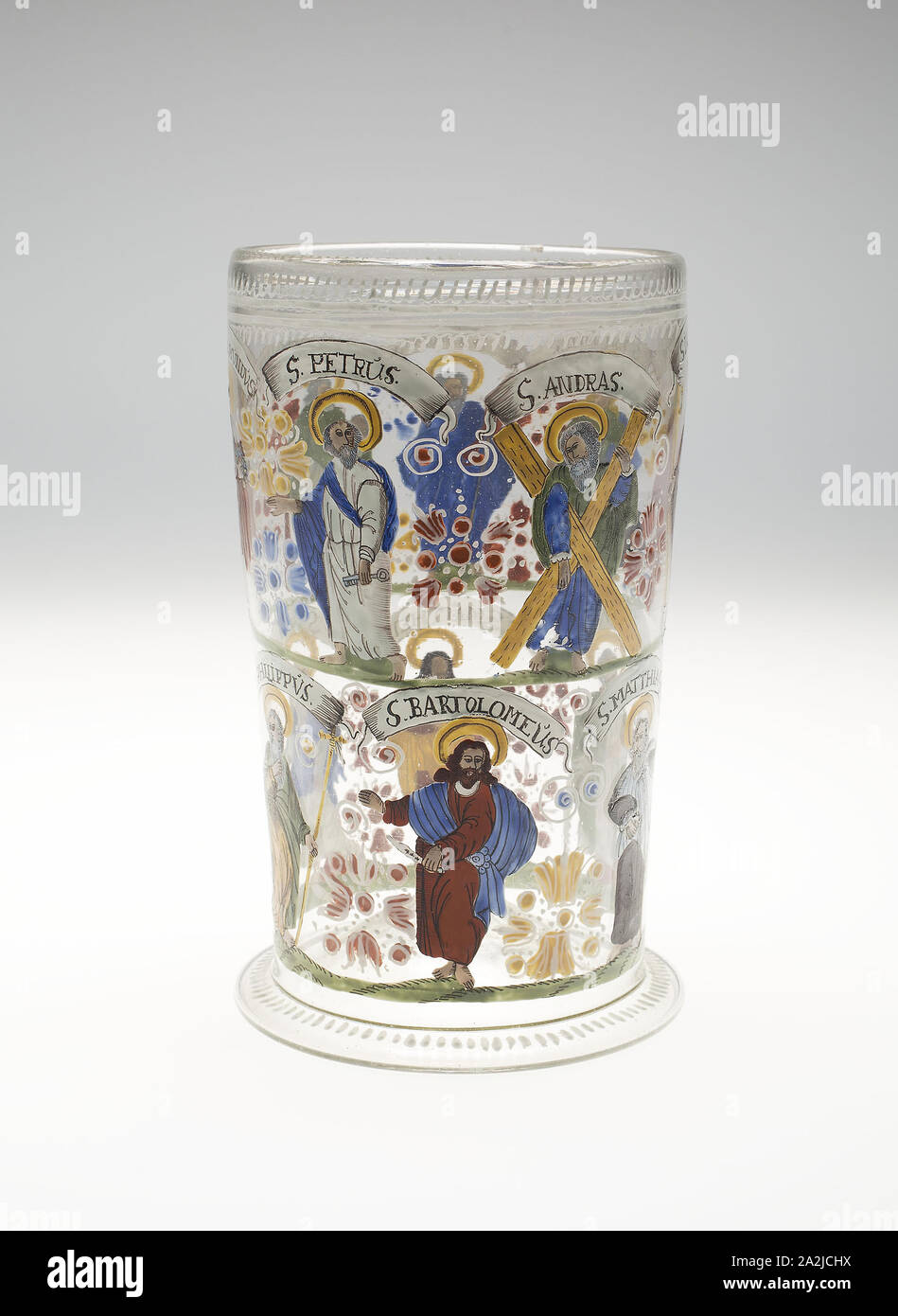 Becher (Humpen), 1650/1700, l'Allemagne, verre soufflé et émail polychrome, décoration, H. 20,3 cm (8 po Banque D'Images