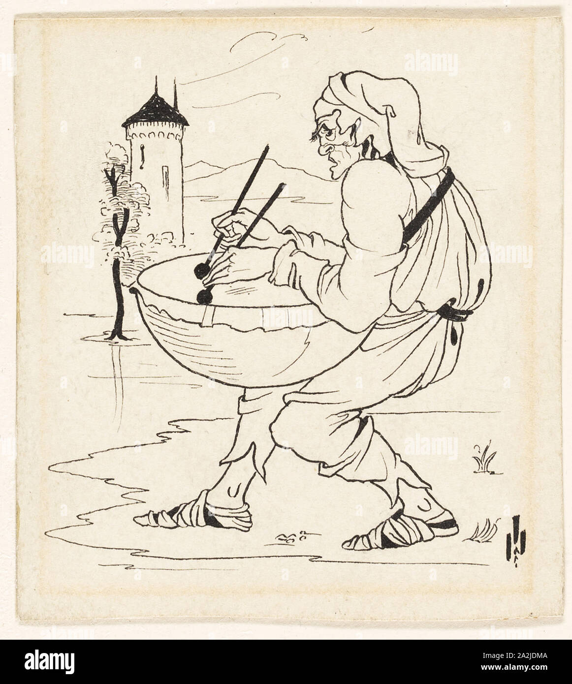 Homme avec tambour, c. 1893, attribué à Aubrey Vincent Beardsley, anglais, 1872-1898, Angleterre, plume et encre noire, plus de traces de graphite, sur papier vélin ivoire, fixées sur papier vélin, tan 81 × 74 mm Banque D'Images