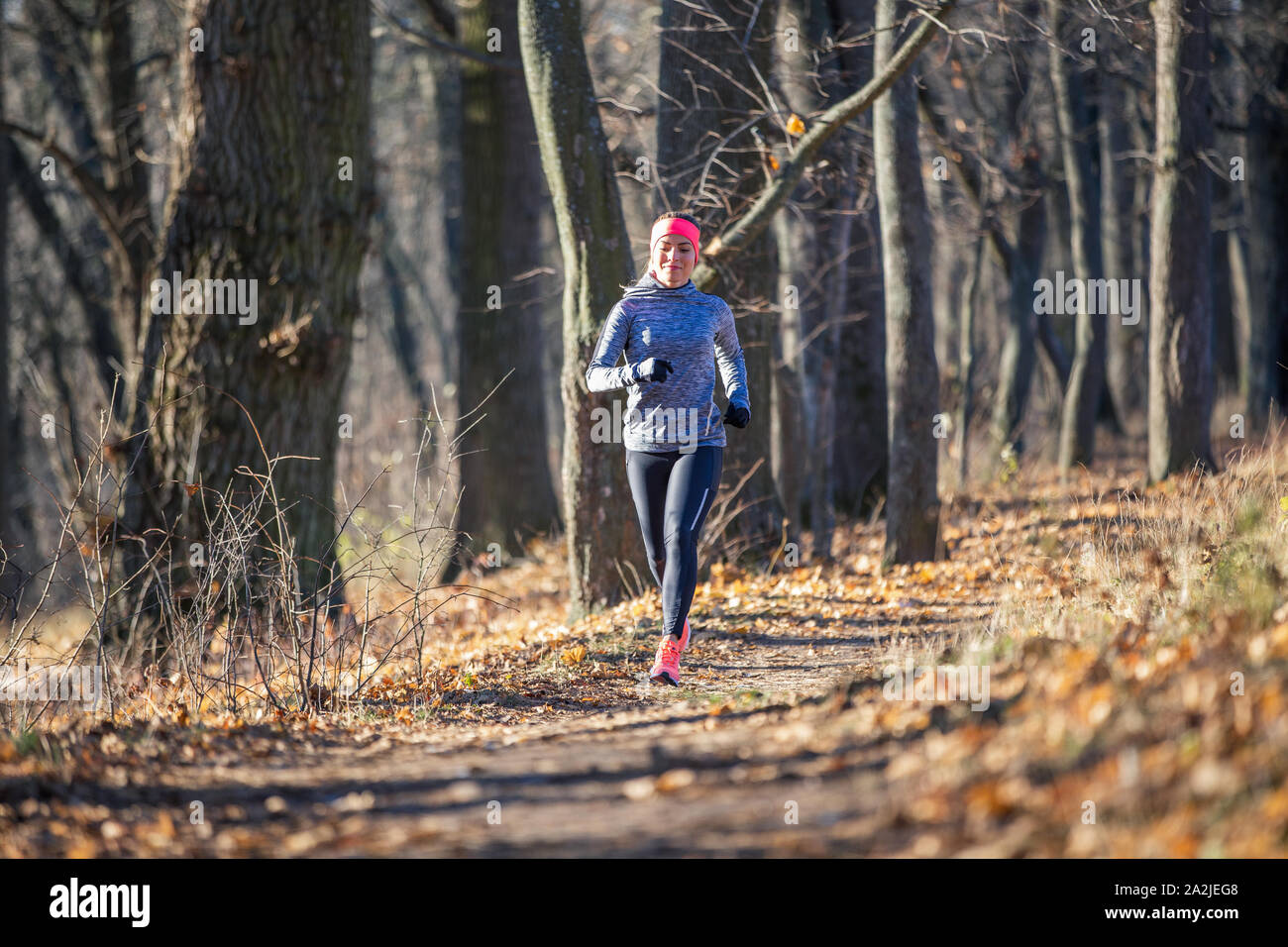 Jeune femme fitness courir dans le parc dans le matin d'automne. Vie saine d'arrière-plan de jogging with copy space Banque D'Images