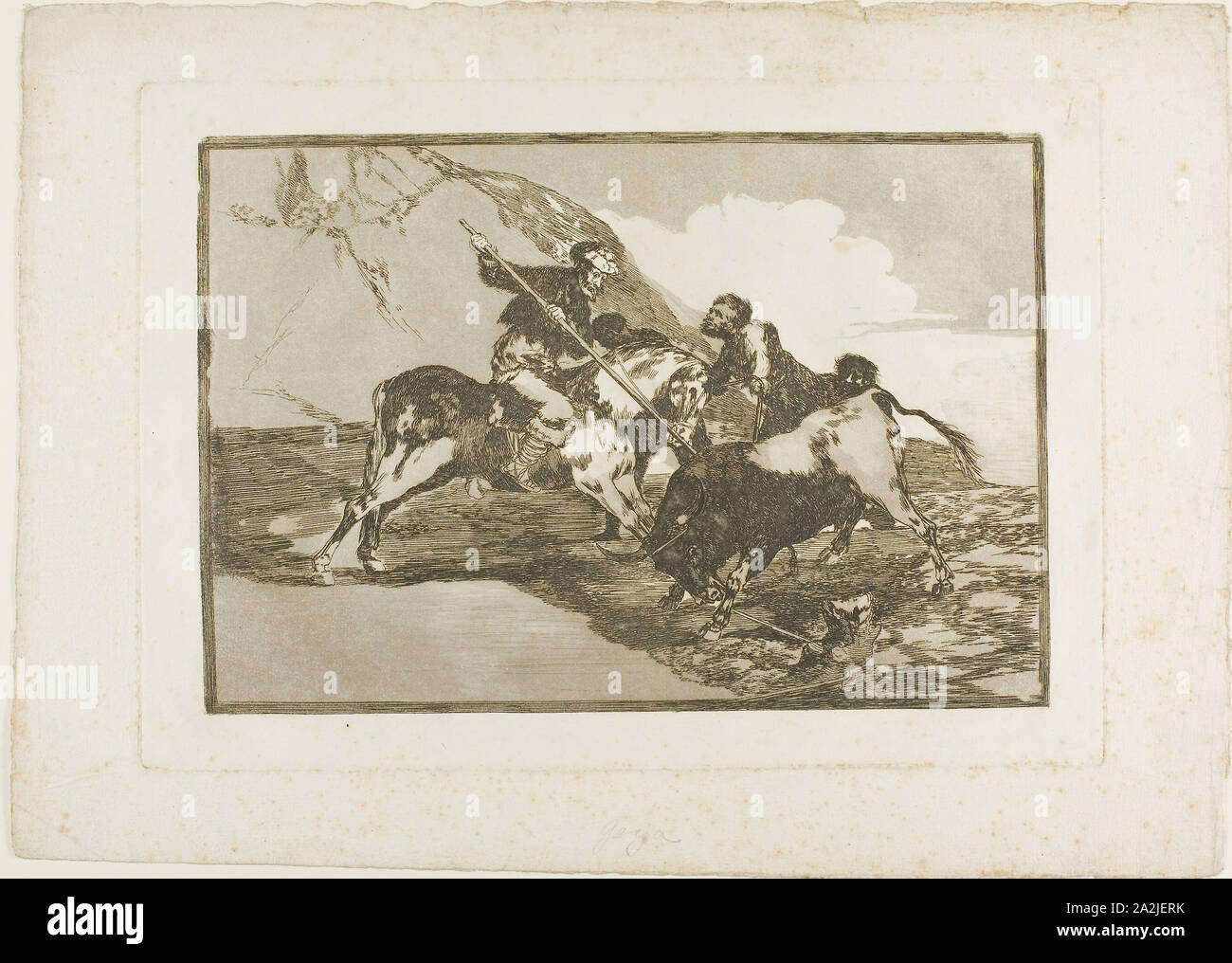 La façon dont les anciens espagnols chassés Bulls à cheval dans le pays d'ouverture, une plaque de l'Art de la tauromachie, 1814/16, Francisco José de Goya y Lucientes, Espagnol, 1746-1828, l'Espagne, l'eau-forte, pointe sèche et aquatinte brunie sur papier vergé ivoire, 210 x 310 mm (image), 250 x 353 mm (plaque), 320 x 445 mm (feuille Banque D'Images