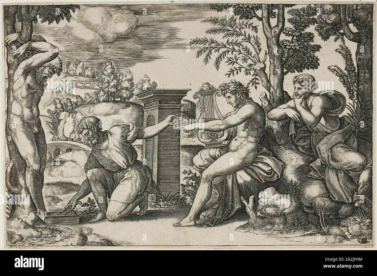 Apollon et Marsyas, ch. 1532, Maître de la Die (Italien, actif c. 1530-1560), après Raffaello Sanzio, appelé Raphael (italien, 1483-1520), l'Italie, gravure en noir sur papier, 188 x 284 mm (feuille Banque D'Images