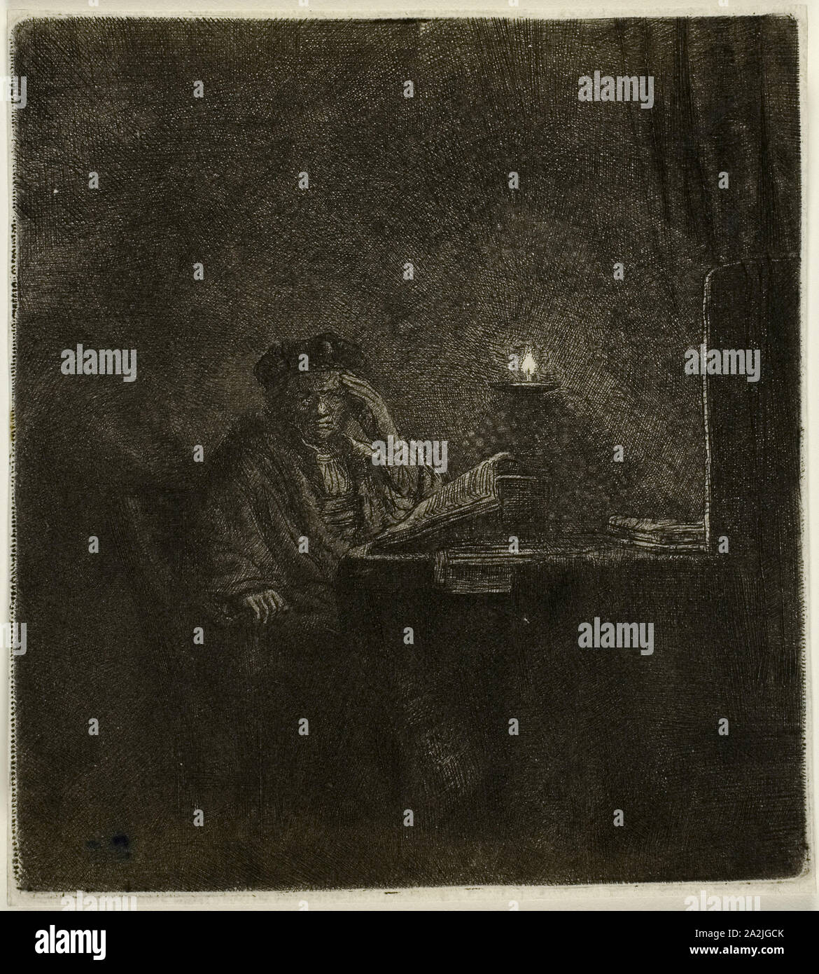 Étudiant à une table aux chandelles, ch. 1642, Rembrandt van Rijn, néerlandais, 1606-1669, de Hollande, de gravure sur papier, 145 x 133 mm (image), 146 x 133 mm (plaque), 149 x 135 mm (feuille Banque D'Images