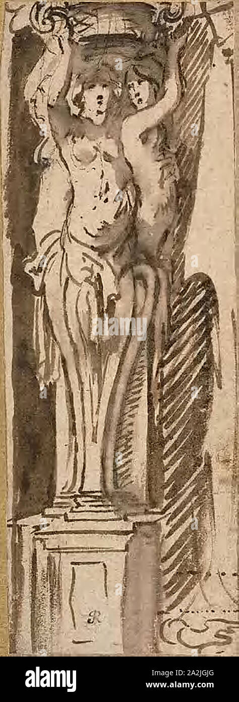Trois cariatides soutenant un panier, n.d., artiste inconnu, peut-être Philip Fruytiers (flamande, 1610-1666), ou Jacob Jordaens (1593-1678), flamand, ou Peter Paul Rubens (1577-1640), flamand, ou Johann Boeckhorst (flamande, 1605-1668), Flandre, plume et encre brune, à l'aide d'un pinceau et lavis, sur papier vergé chamois, fixées sur carte, crème mis à 150 × 54 mm Banque D'Images