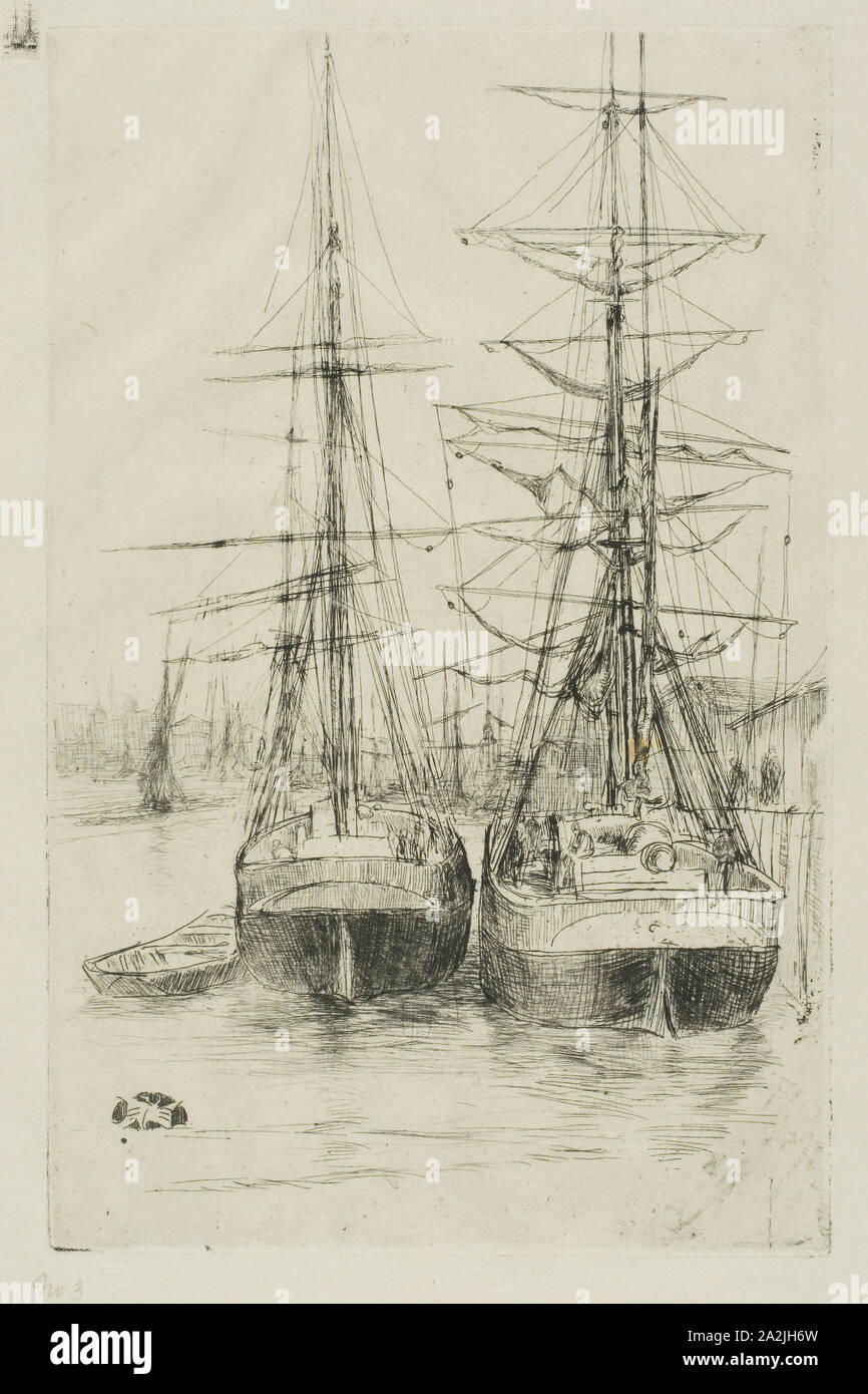 Deux navires, 1875, James McNeill Whistler, Américain, 1834-1903, United States, pointe sèche avec foul de mordre dans l'encre noire sur papier japonais en ivoire, 207 x 133 mm (plaque), 338 x 234 mm (feuille Banque D'Images