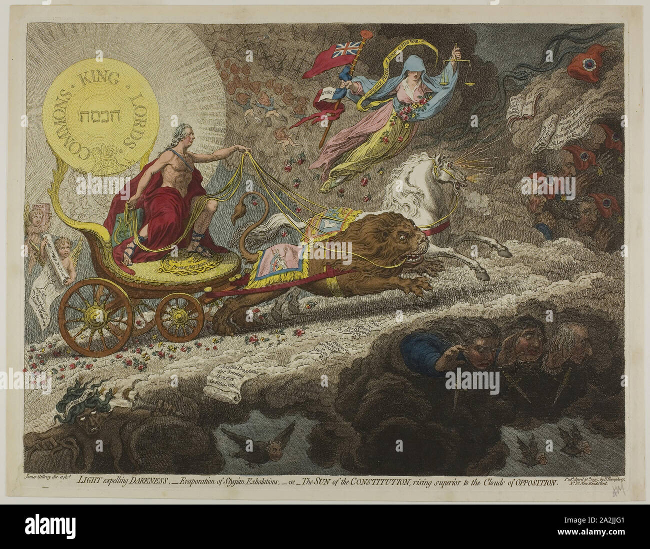 La lumière chassant les ténèbres,-évaporation d'exhalations Stygian,-ou-le soleil de la Constitution, l'augmentation supérieure à l'opposition de nuages, publié le 30 avril 1795, James Gillray (anglais, 1756-1815), publié par Hannah Humphrey (Anglais), ch. 1745-1818), en Angleterre, de gravure en brun foncé, avec handcoloring, sur vélin crème, 335 × 444 mm (image), 350 × 451 mm (plaque), 367 × 472 mm (feuille Banque D'Images