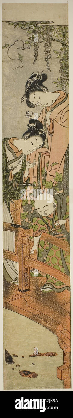 L'alimentation de la carpe à Kameido, ch. 1771, Isoda Koryusai, Japonais, 1735-1790, le Japon, la couleur d'impression sur bois, hashira-e, 27 1/4 x 4 3/4 in Banque D'Images