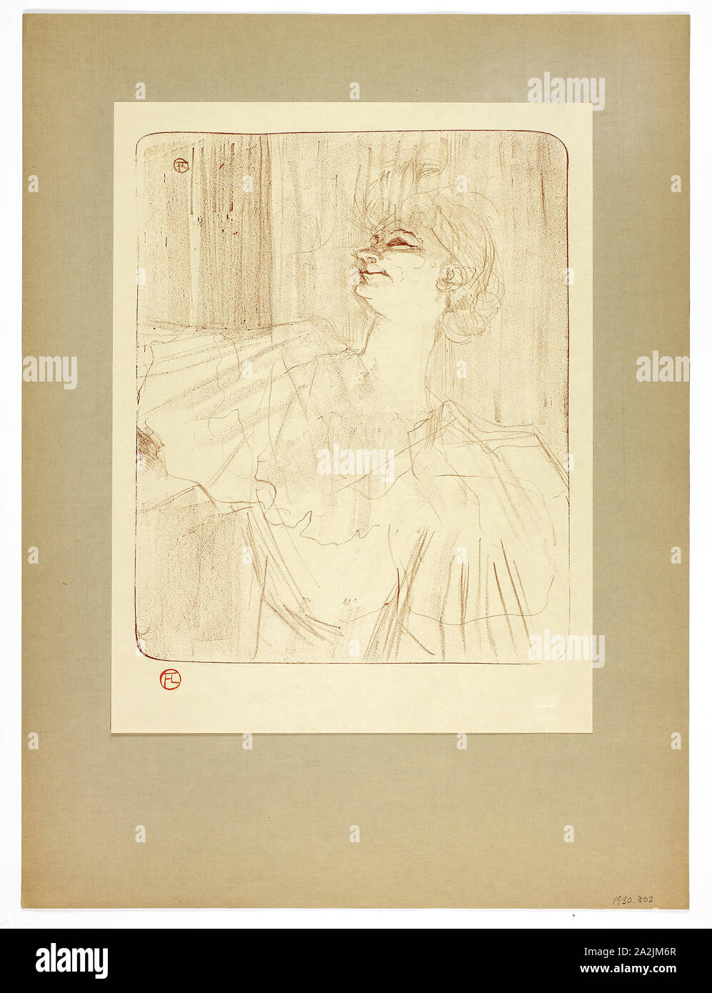 À Ménilmontant par Bruant, plaque quatre d'Yvette Guilbert, 1898, imprimé en 1930, Henri de Toulouse-Lautrec (Français, 1864-1901), imprimé par Westminster Press (Anglais, 20ème siècle), publié par le Ernest Brown & Phillips (anglais, xxe siècle), France, lithographie (crayon avec grattoir) à la sanguine (rouge-brun) sur vélin crème à charnière aux coins supérieurs à brun-gris papier vélin, 296 × 241 mm (image), 350 × 267 mm (support principal), 497 × 371 mm (support secondaire Banque D'Images