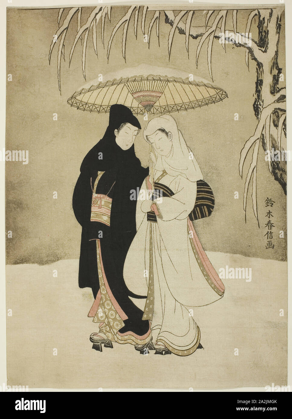 Amoureux sous un parapluie dans la neige, c. 1767, Suzuki Harunobu 鈴木 春信, japonais, 1725 ( ?)-1770, le Japon, la couleur, estampe chuban, 27,2 x 20,2 cm Banque D'Images