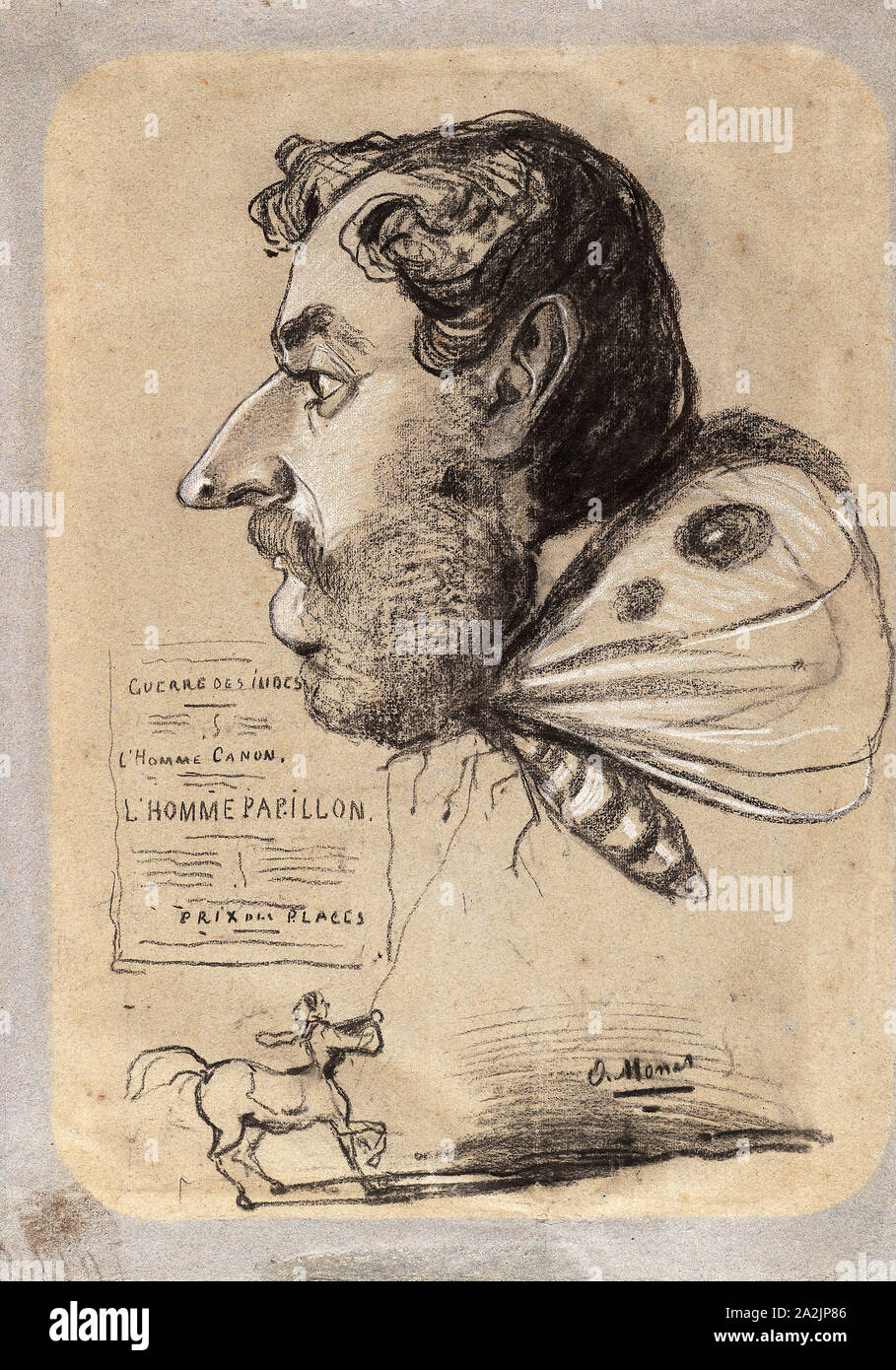 Caricature de Jules Didier (Butterfly Man), ch. 1858, Claude Monet, Français, 1906-1957, France, charbon, rehaussée de craie blanche, avec des taches, sur papier vergé bleu (décoloré à brun clair), 616 × 436 mm Banque D'Images