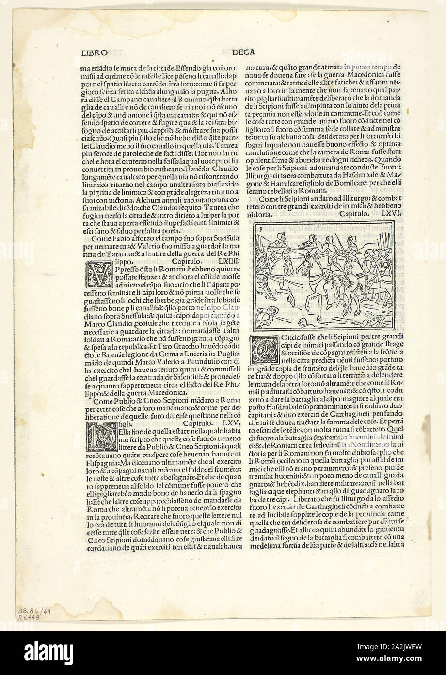 La victoire de l'Scipios à Illiturgo de Historiae romanae décennies (Histoire romaine), la plaque de 49 gravures sur bois dans les livres de la 15e siècle, 1493, 1929, assemblée du portefeuille Monogrammist F (Venise, fin du 15e siècle), imprimé par Johannes Rubeus (Italien, actif 1480-1519), publié par Lucantonio Giunti (italien, 1457-1538), texte original par Tite-live (ancienne cité romaine, B.C. 64/59-17 après J.C.), texte du portefeuille par Wilhelm Ludwig Schreiber (Allemand, 1855-1932), l'Italie, gravure sur bois en noir, et la typographie en noir (recto et verso), sur papier vergé crème, sur vélin crème mat, 57 x 76 mm (image), 318 x Banque D'Images