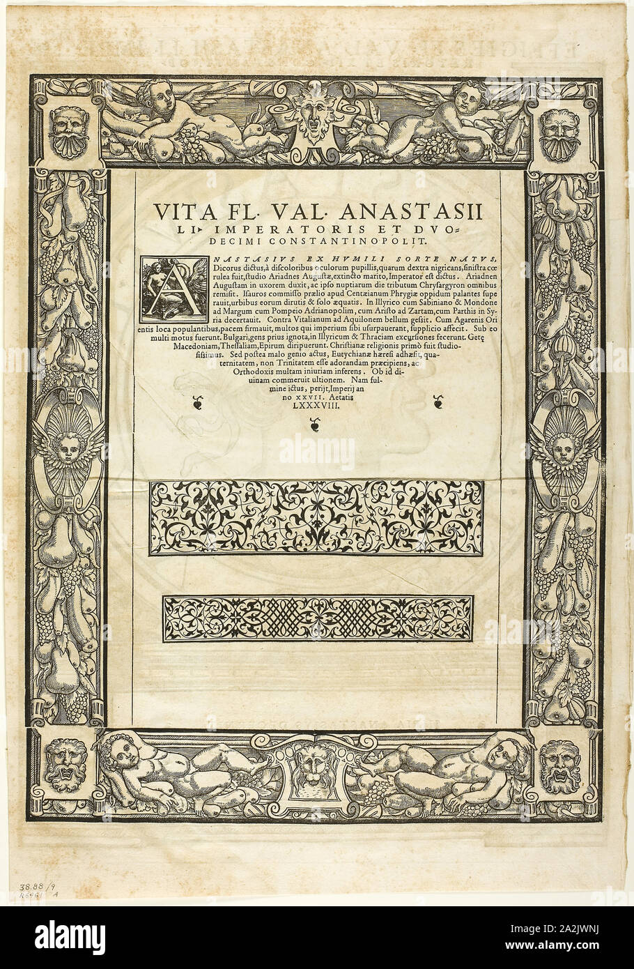 Bordure décorative (recto) et Portrait de l'Empereur Anastase (verso), la plaque de neuf gravures sur bois dans les livres du xvie siècle, 1559, assemblés en 1937, portefeuille attribué à Hans Rudolf Manuel Deutsch (Suisse, 1525-1572) ou Peter Flötner (allemand, 1485/96-1546 Rénovation), assemblés par Max Geisberg, Suisse (1875-1943), Suisse, huile sur papier, 470 x 316 mm (image, recto), 429 x 321 mm (image, verso), 443 x 321 mm (image/texte, verso), 484 x 369 mm (feuille Banque D'Images