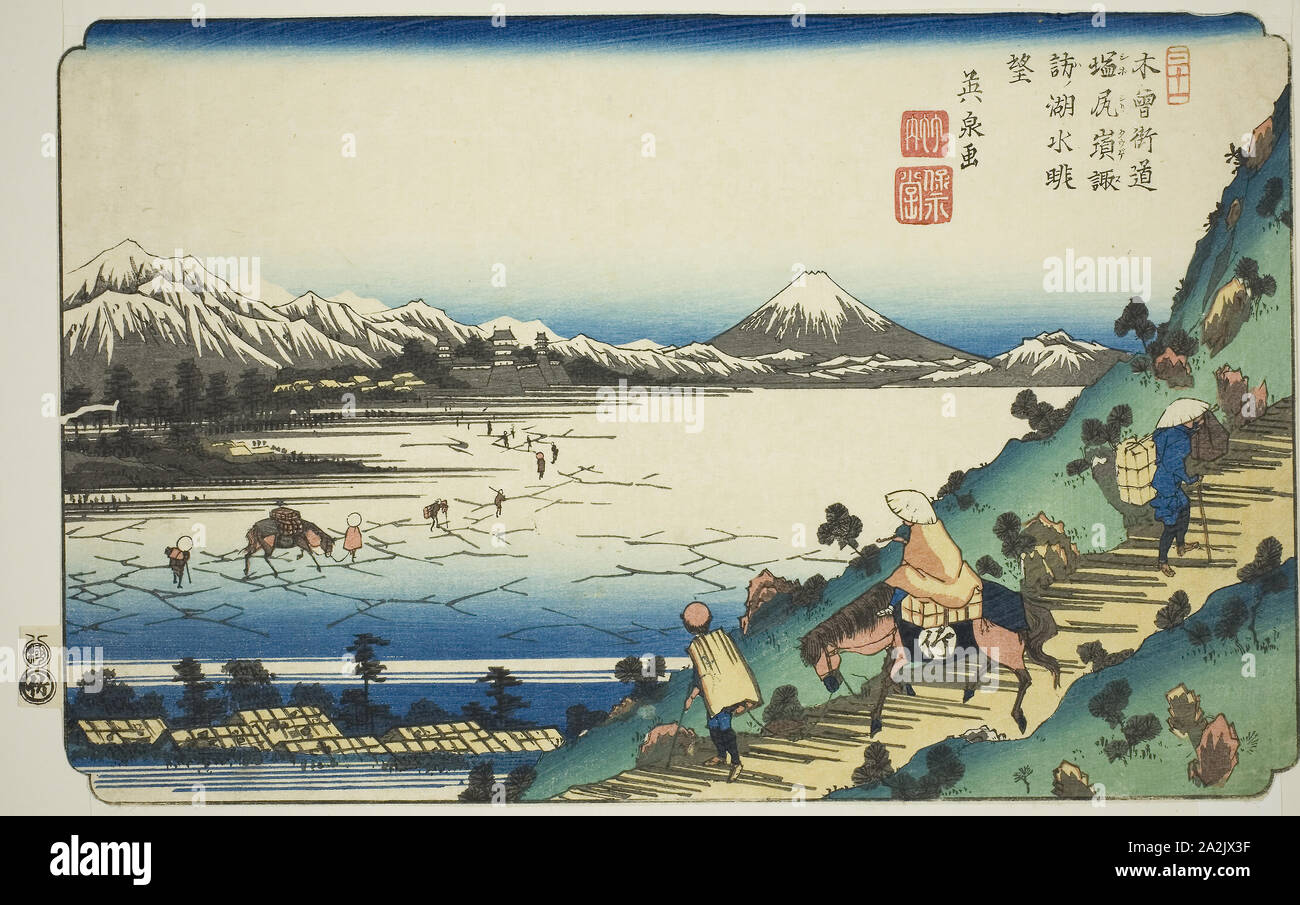 N° 31 : Vue sur le lac Suwa de Shiojiri Pass (Sanjuichi : Shiojiri pas chobo kosui Suwa bien positionné en couverture), de la série [soixante-neuf Stations du Kisokaido], ch. Keisai Eisen, 1835/36, Japonais, 1790-1848, le Japon, la couleur d'impression sur bois, Oban, 21,9 x 34,1 cm (8 5/8 x 13 7/16 po Banque D'Images