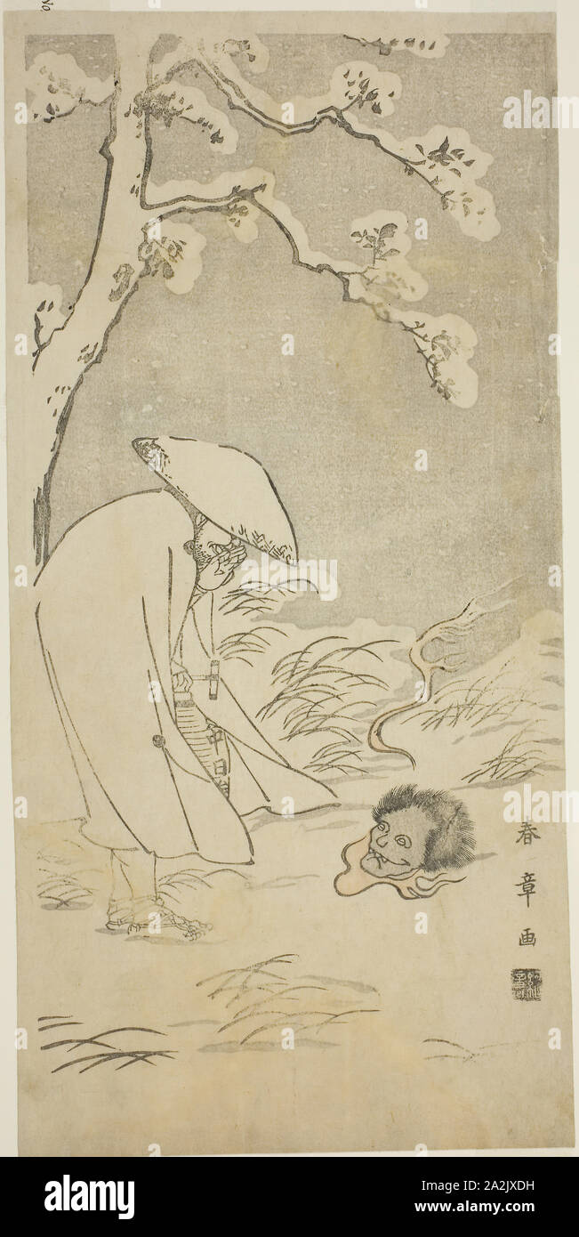 Un pèlerin priant dans la nuit vers le Bouddha (kannenbutsu) est surpris par une tête fantomatique allongé sur le sol, Snow-Covered c. 1768 勝川 春章, Katsukawa Shunsho, Japonais, 1726-1792, le Japon, la couleur, estampe hosoban, 33,1 x 16,2 cm (13 x 6 3/8 po Banque D'Images