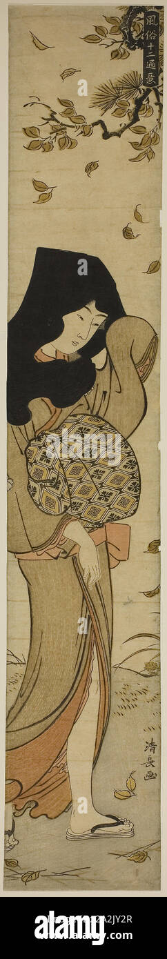 Femme avec capuche noire dans les feuilles, de la série de douze Scènes de coutumes populaires (Fuzoku juni tsui), ch. 1783, Torii Kiyonaga, Japonais, 1752-1815, le Japon, la couleur d'impression sur bois, hashira-e, 66.8 x 11.5 cm Banque D'Images