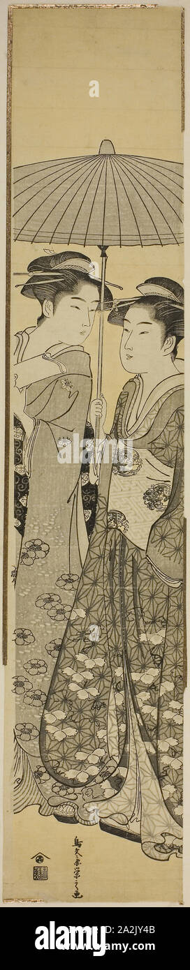 Deux jeunes filles sous un parapluie, ch. 1788/89, Chobunsai Eishi, Japonais, 1756-1829, le Japon, la couleur d'impression sur bois, hashira-e, 26 x 5 3/16 in Banque D'Images