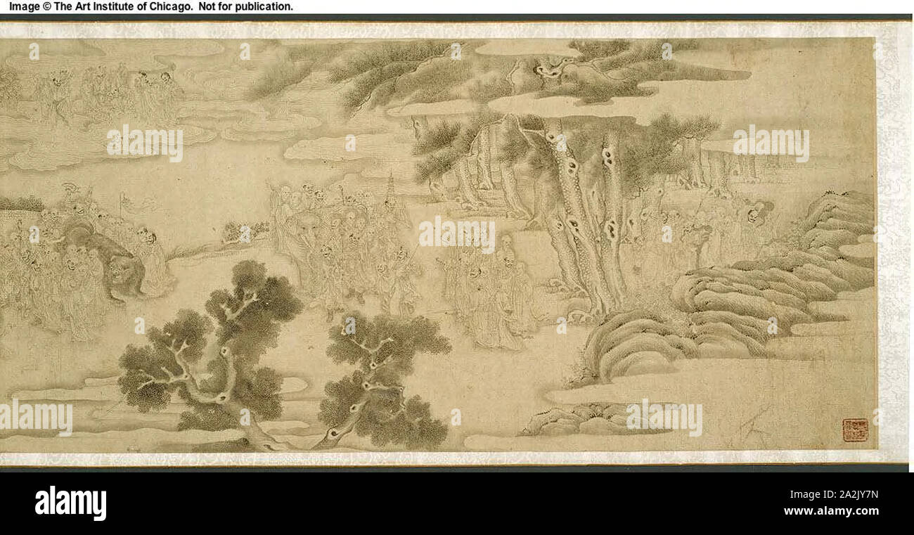 Cinq cents Luohans, fin/début de la dynastie des Qing Ming, 17e siècle, l'artiste inconnu (fausse signature de Li Gonglin, 1049-1106）, Chinois, Chine, Rouleau horizontal, encre et couleurs sur papier Banque D'Images