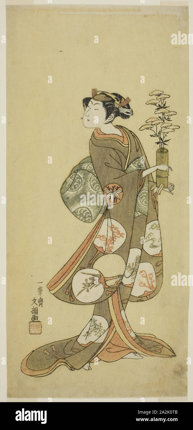 L'Acteur Yamashita Kyonosuke Je dans un rôle féminin, ch. 1769, Buncho Ippitsusai, Japonais, active c. 1755-90, le Japon, la couleur, estampe hosoban, 30,8 x 14,4 cm (12 x 5 1/2 po Banque D'Images