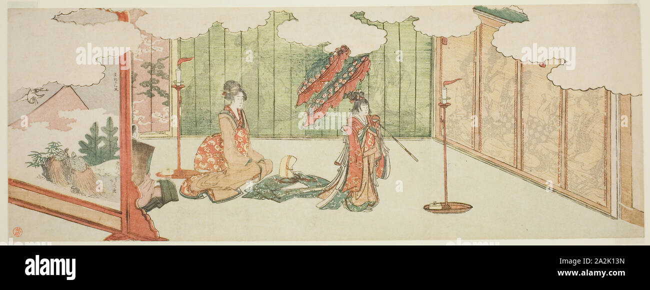 Jeune fille danser à l'hôtel particulier des nobles, 1805, Katsushika Hokusai 葛飾 北斎, Japonais, 1760-1849, le Japon, la couleur, estampe surimono, nagaban Banque D'Images