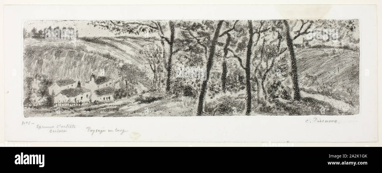 Panorama du paysage, 1879, Camille Pissarro, Français, 1830-1903, France, Eau-forte et aquatinte en noir sur papier vélin blanc, 113 × 393 mm (image), 116 × 397 mm (plaque), 161 × 436 mm (feuille Banque D'Images