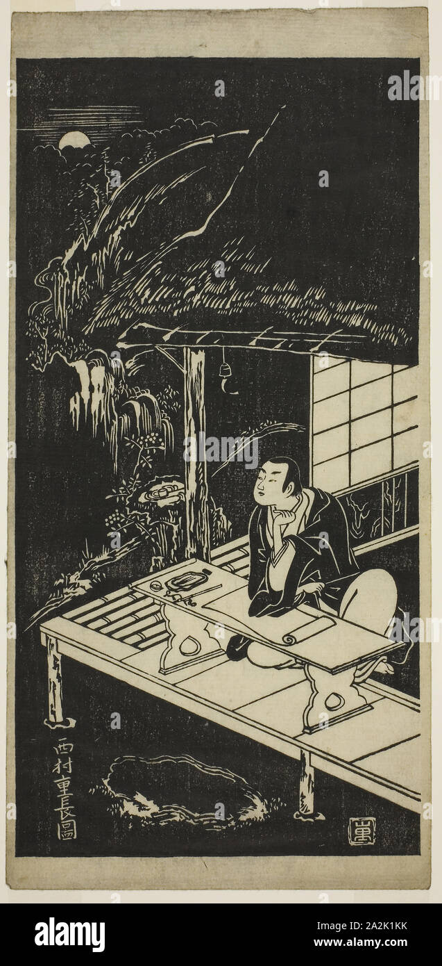 L'homme dans la Lune Affichage Cabane de chaume, ch. Années 1740, Nishimura Shigenaga, japonais, 1697 ( ?)-1756, le Japon, l'estampe, hosoban, sumizuri-e, 31,9 × 15,2 cm (12 9/16 × 6 dans Banque D'Images