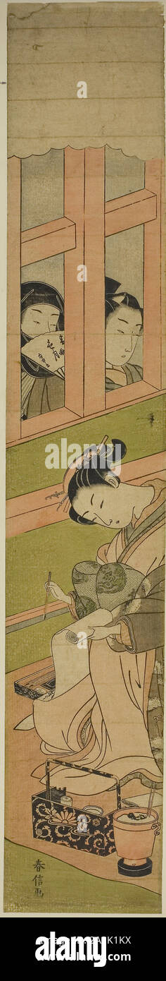 Courtisane écrit une lettre que deux hommes regarder à travers une vitre Lattice, c. 1769/70, Suzuki Harunobu 鈴木 春信, japonais, 1725 ( ?)-1770, le Japon, l'estampe Couleur, hashira-e, 27 3/8 x 4 3/4 in Banque D'Images