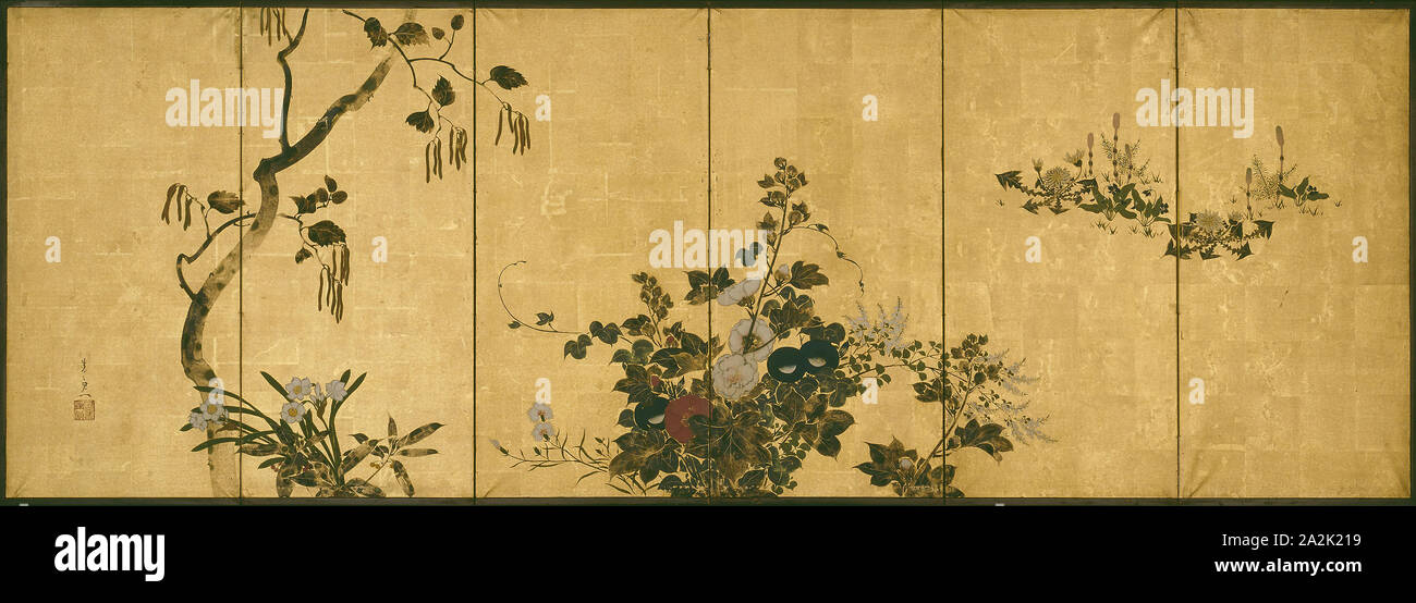 Fleurs de l'automne et l'hiver, 19e siècle, Suzuki Kiitsu, Japonais, 1796-1858, le Japon, l'écran du tableau 6, encre, couleurs et feuille d'or sur papier, 72,4 x 207,6 cm Banque D'Images