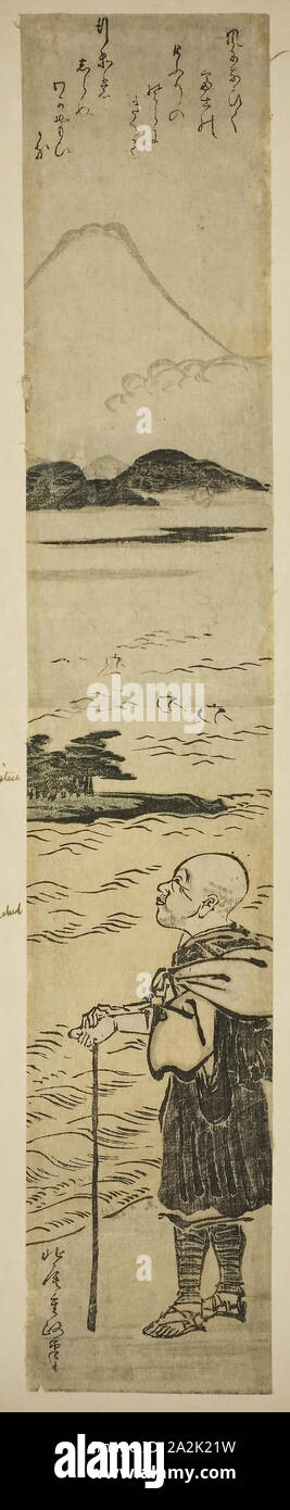Saigyo prêtre contemplant le mont Fuji, ch. Années 1770, Shigemasa Kitao, Japonais, 1739-1820, le Japon, la couleur d'impression sur bois, hashira-e Banque D'Images