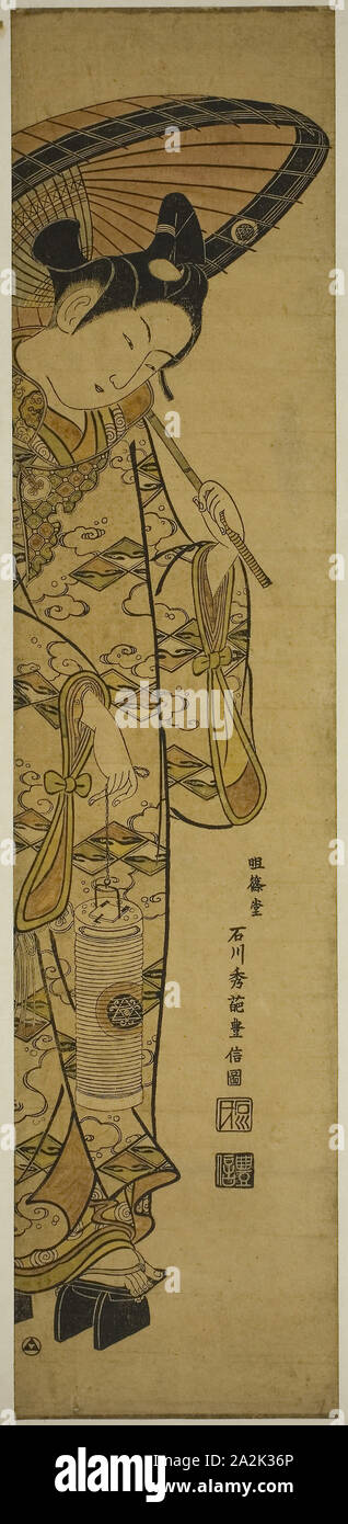 Les jeunes portant une lanterne et un parapluie, Ishikawa Toyonobu, 1740, Japonais, 1711-1785, le Japon, à la main, gravure sur bois, hashira-e, beni-e Banque D'Images