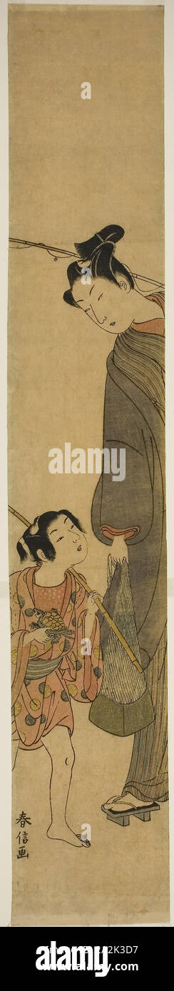 Jeune homme et garçon de retour de pêche, c. 1767/68, Suzuki Harunobu 鈴木 春信, japonais, 1725 ( ?)-1770, le Japon, l'estampe Couleur, hashira-e Banque D'Images