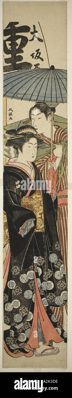 Courtisane et jeune homme sous un parapluie, c. 1781/89, Masanobu Kitao (Santo Kyoden), japonais, 1761-1816, le Japon, l'estampe Couleur, hashira-e Banque D'Images