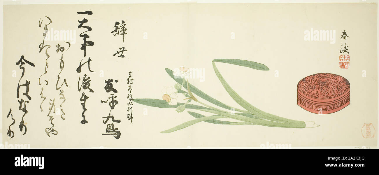 Narcisse et boîte laquée, ch. 1820s/30s, Mori Shunkei, Japonais, active c. Années 1820-années 1830, Japon, gravure sur bois en couleur, nagaban surimono, 19,5 x 51 cm (7 11/16 x 20 1/8 in Banque D'Images