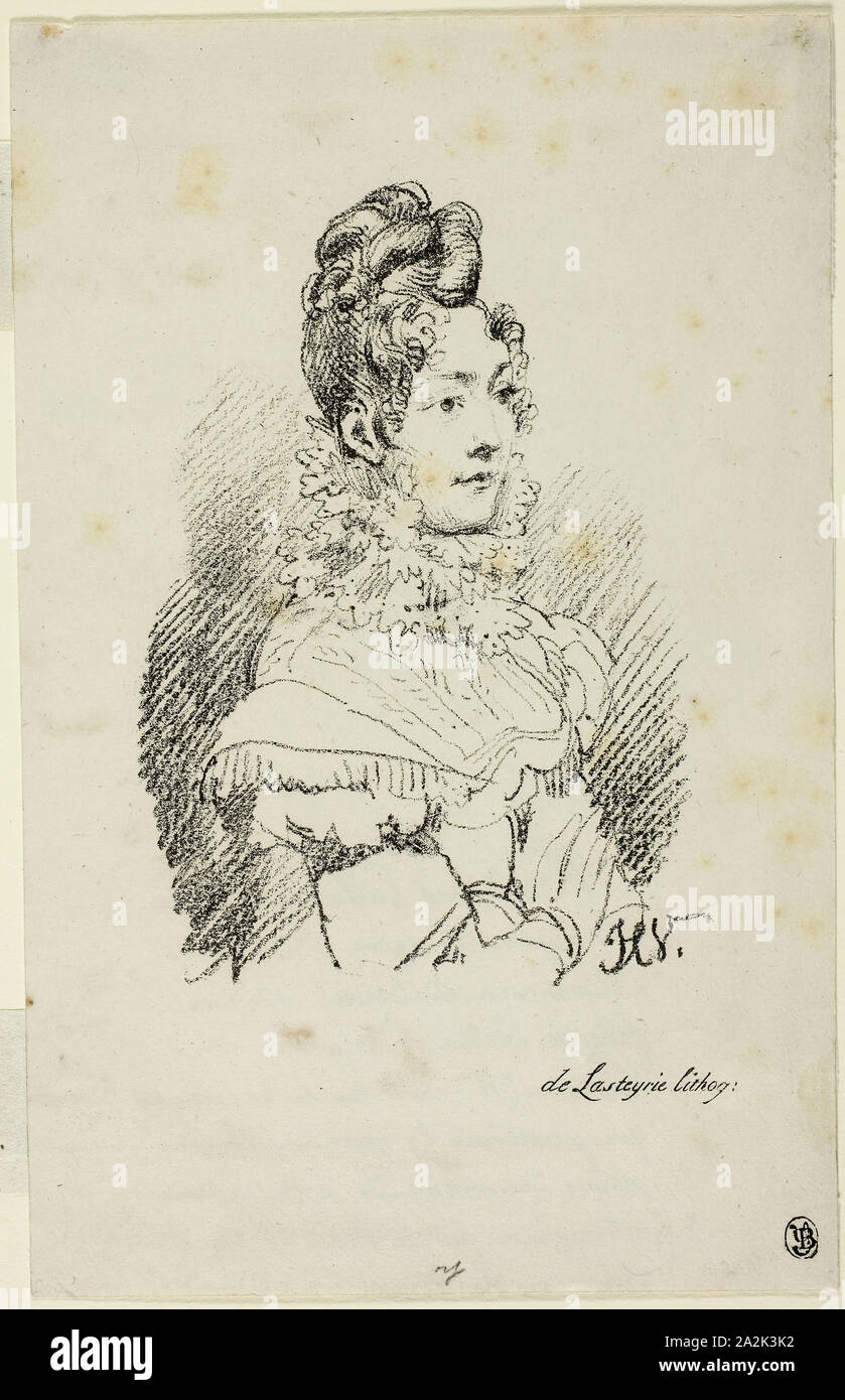 Portrait de madame Perregaux, 1816, Horace Vernet (Français, 1789-1863), imprimé par le comte Charles Philibert de Lasteyrie (Français, 1759-1849), France, lithographie en noir sur vélin crème, 160 × 114 mm (image, à bord de la signature), 253 × 162 mm (feuille Banque D'Images