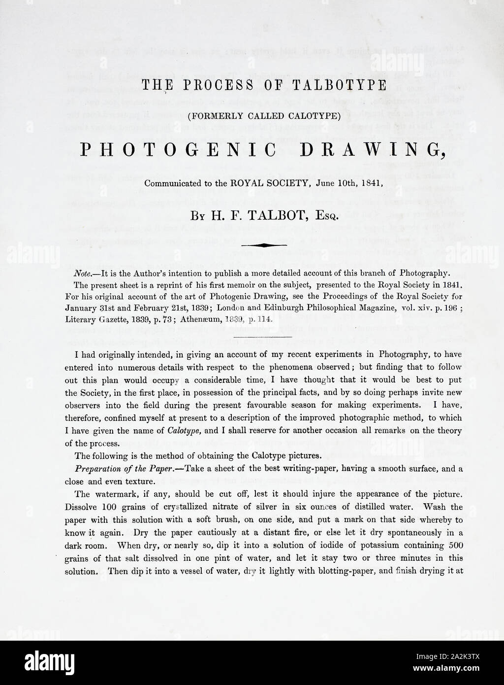 Le processus de Talbotype (anciennement appelé Calotype) Dessin photogénique, communiquée à la Société royale, le 10 juin 1841, William Henry Fox Talbot, l'anglais, 1800-1877, l'Angleterre, quatre pages de texte libre (environ 2500 mots), imprimée par J. & H. Cox Brothers, 22,5 × 18 cm Photo Stock