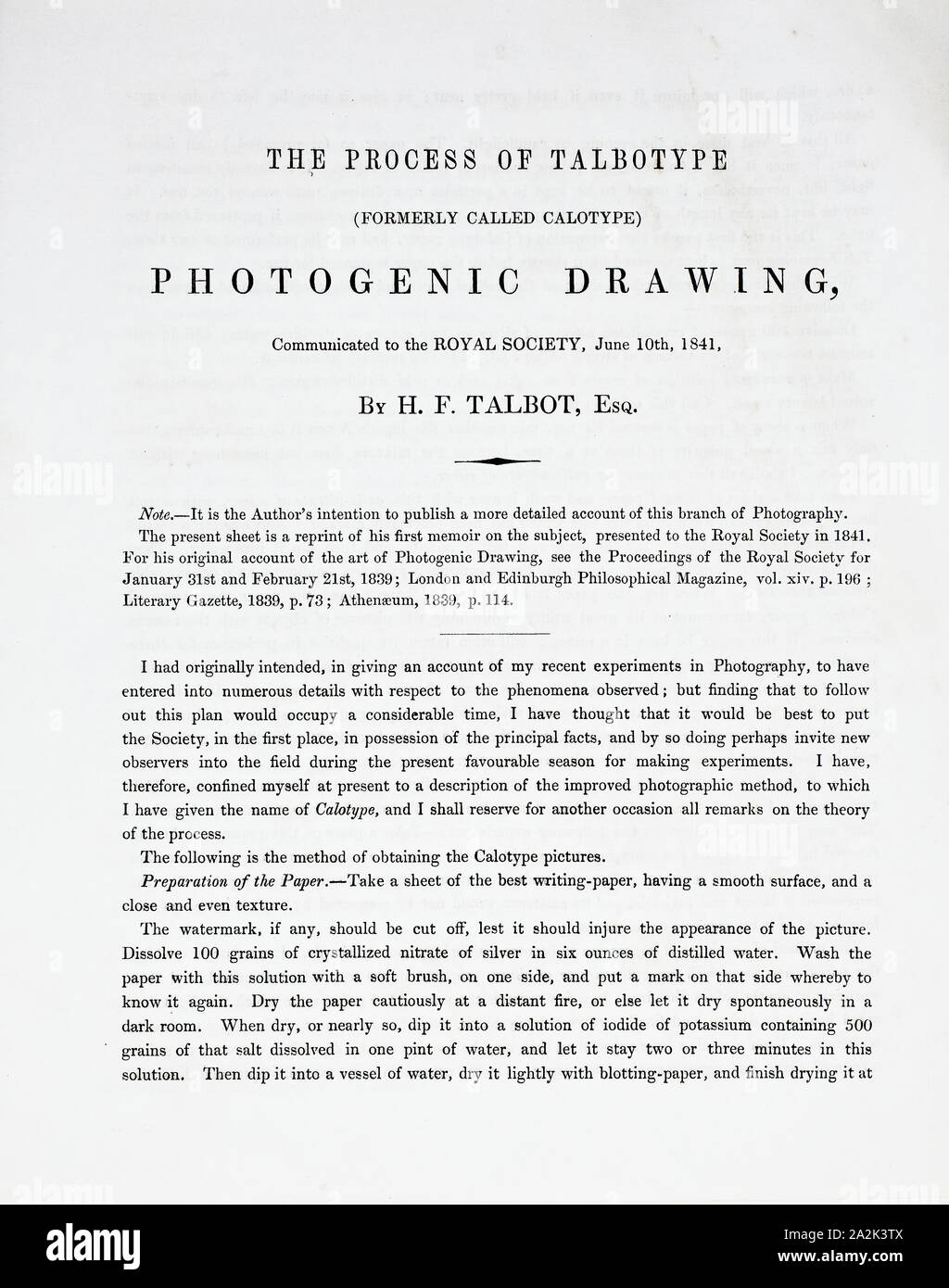 Le processus de Talbotype (anciennement appelé Calotype) Dessin photogénique, communiquée à la Société royale, le 10 juin 1841, William Henry Fox Talbot, l'anglais, 1800-1877, l'Angleterre, quatre pages de texte libre (environ 2500 mots), imprimée par J. & H. Cox Brothers, 22,5 × 18 cm Banque D'Images