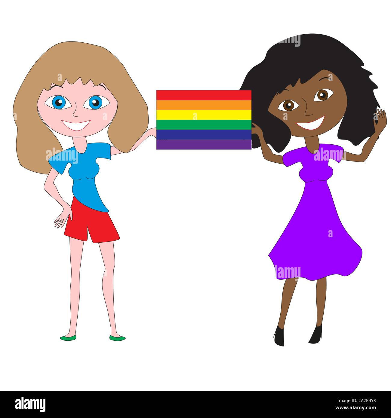 Deux jeunes filles tenant un drapeau arc-en-ciel symbole de l'. LGBT Illustration de Vecteur