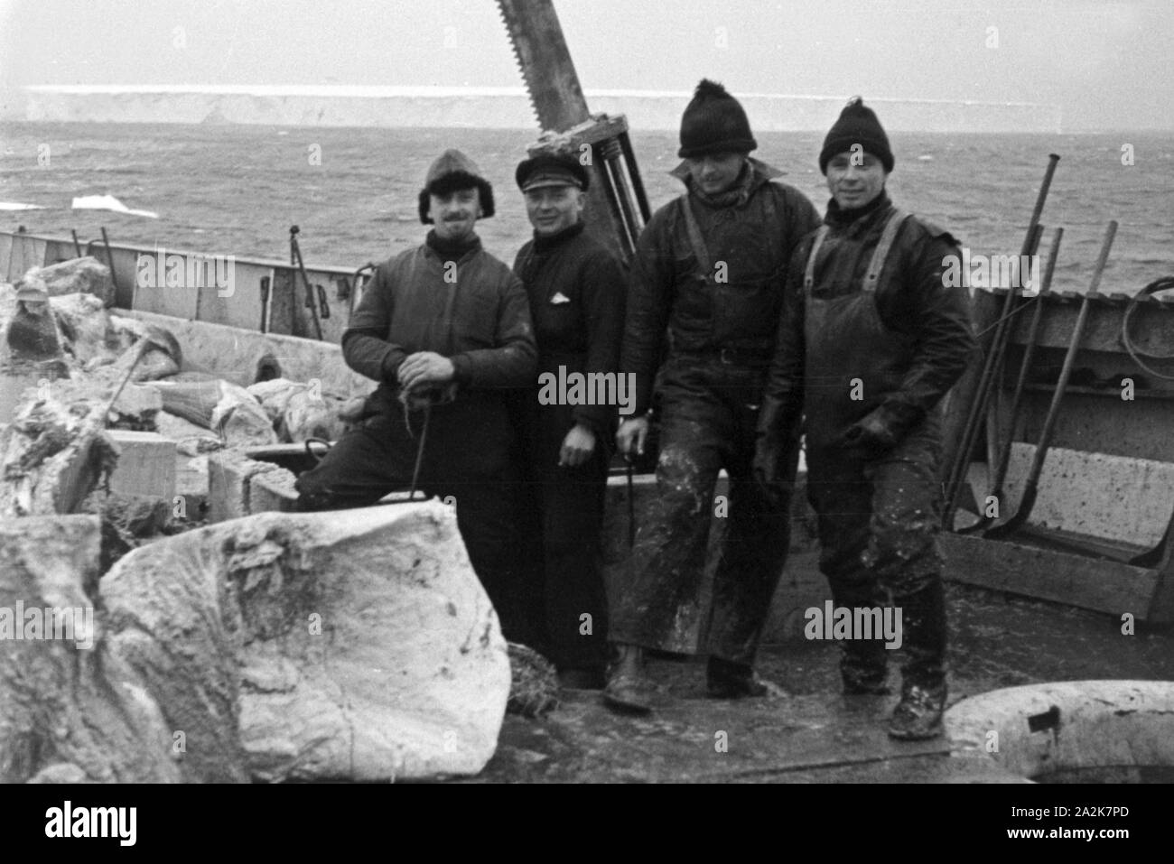 Des Walfangfabrikschiffs Besazung Männer der 'Jan Wellem" speckstücken Walkadaver mit einem aus vor einem im Eismeer der Antartkis Eisberg, 1930 er Jahre. Membres de l'équipage du navire-usine 'Jan Wellem' avec des morceaux de d'un cadavre de baleine dépecé en face d'un iceberg à la mer de l'Antarctique, 1930. Banque D'Images