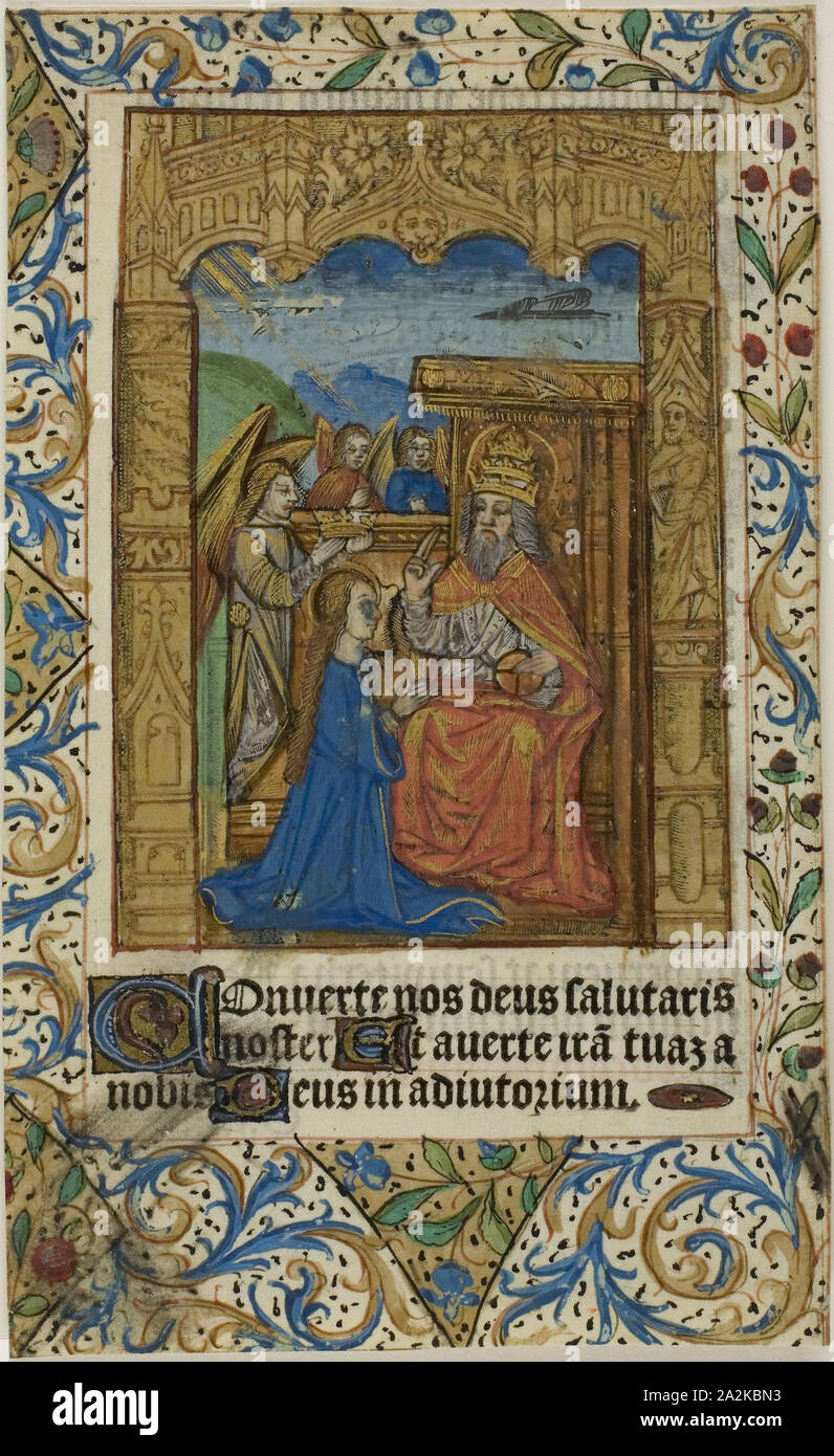 Couronnement de la Vierge avec bordure décorative d'un 'livre de prière', s.d., Européen, Europe, manuscrit en coupe tempera, rouge, marron et noir, peinture or et feuille d'or, avec des inscriptions en latin à l'encre noire, a statué en rouge, et d'autres inscriptions et décorations, verso, sur parchemin, 163 × 99 mm Banque D'Images