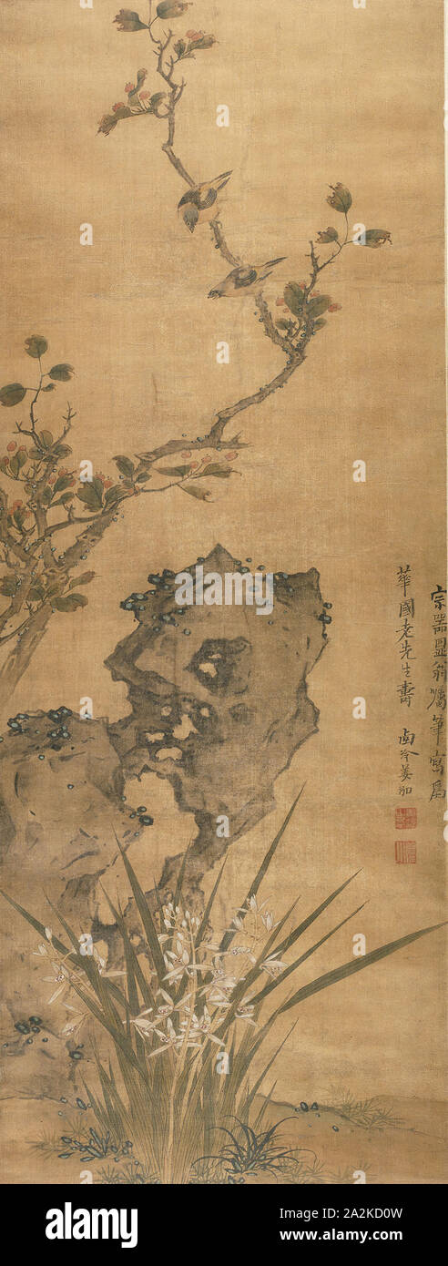 Oiseaux sur un arbre avec des fruits et feuillage de l'automne, de la dynastie Qing (1644-1911), fin du 17e siècle, Jiang Hong, Chinois, 1674/90, la Chine, l'actif de défilement pendaison, encre et couleurs sur soie, 49 3/4 × 18 7/8 po Banque D'Images