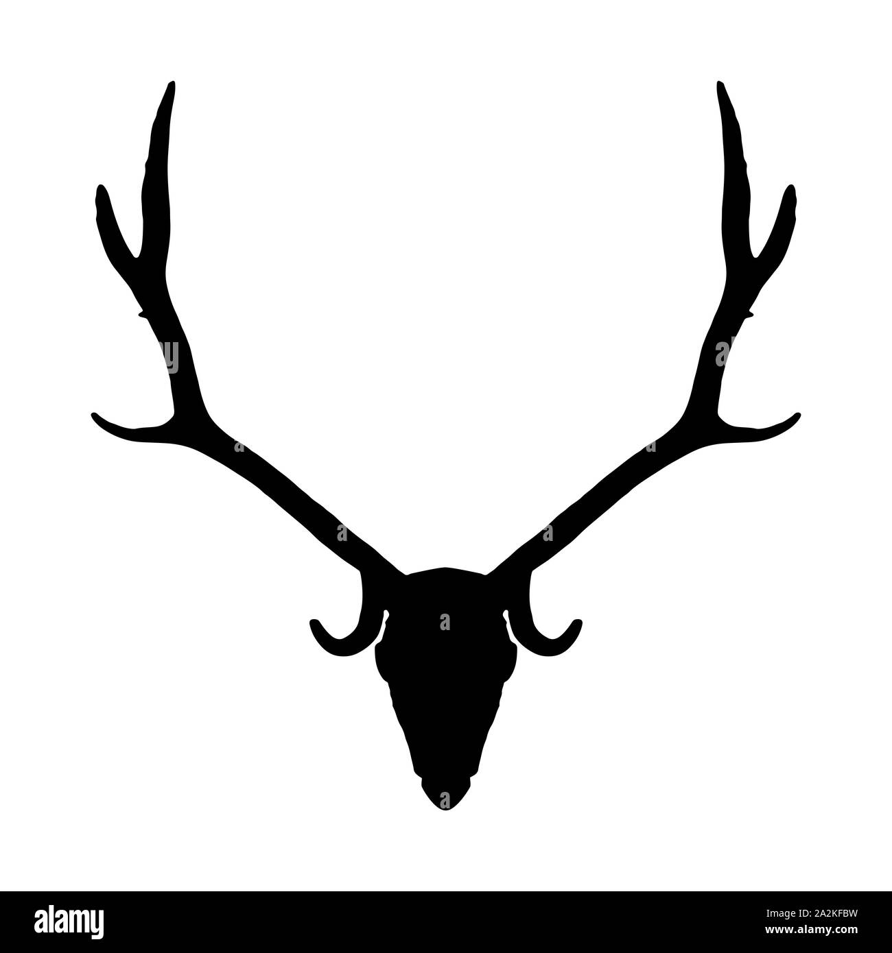 Crâne de chevreuil avec de longues cornes isolé sur fond blanc. Tête d'Animal icône silhouette noire Banque D'Images