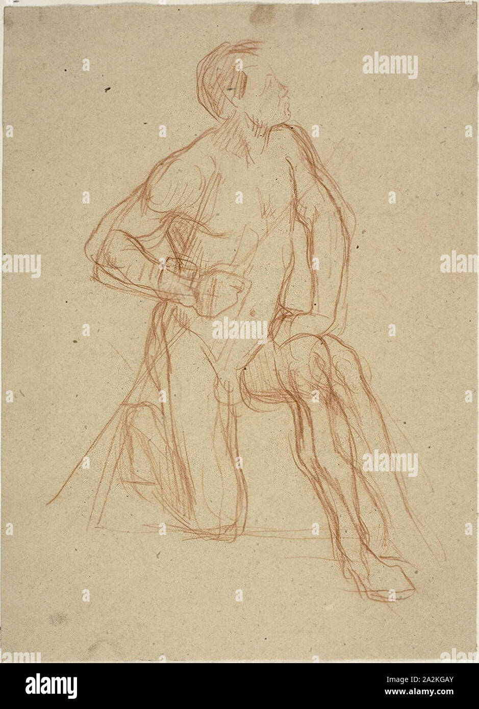 La Figure masculine agenouillée, c. 1874, Jules-Élie Delaunay, Français, 1828-1891, France, craie rouge sur papier vélin chamois, 287 × 210 mm Banque D'Images