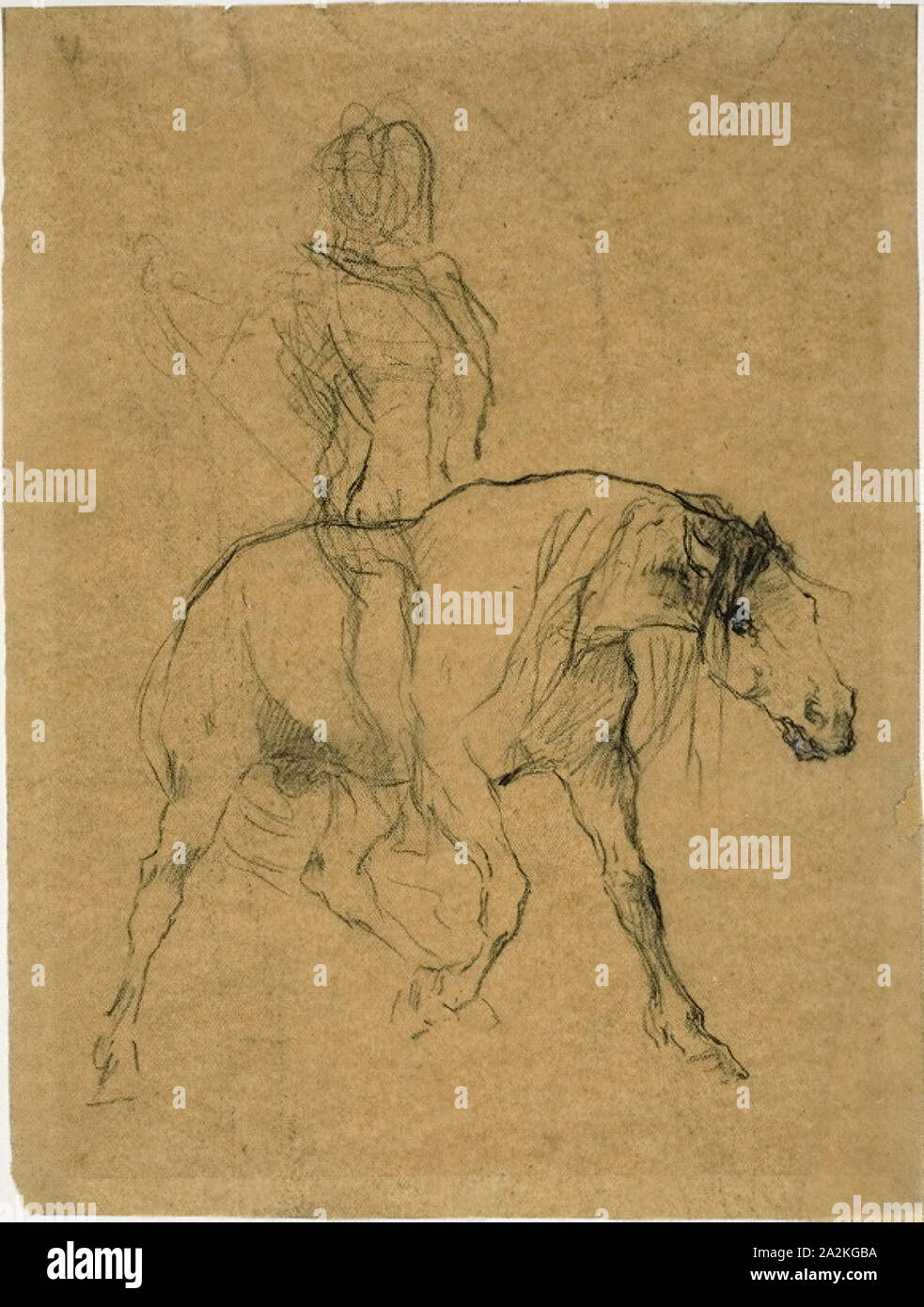 Étude d'un cheval et le cavalier, ch. 1874, Jules-Élie Delaunay, Français, 1828-1891, France, le charbon de bois, avec des touches de gouache, sur papier Chine Tan, 210 × 153 mm Banque D'Images