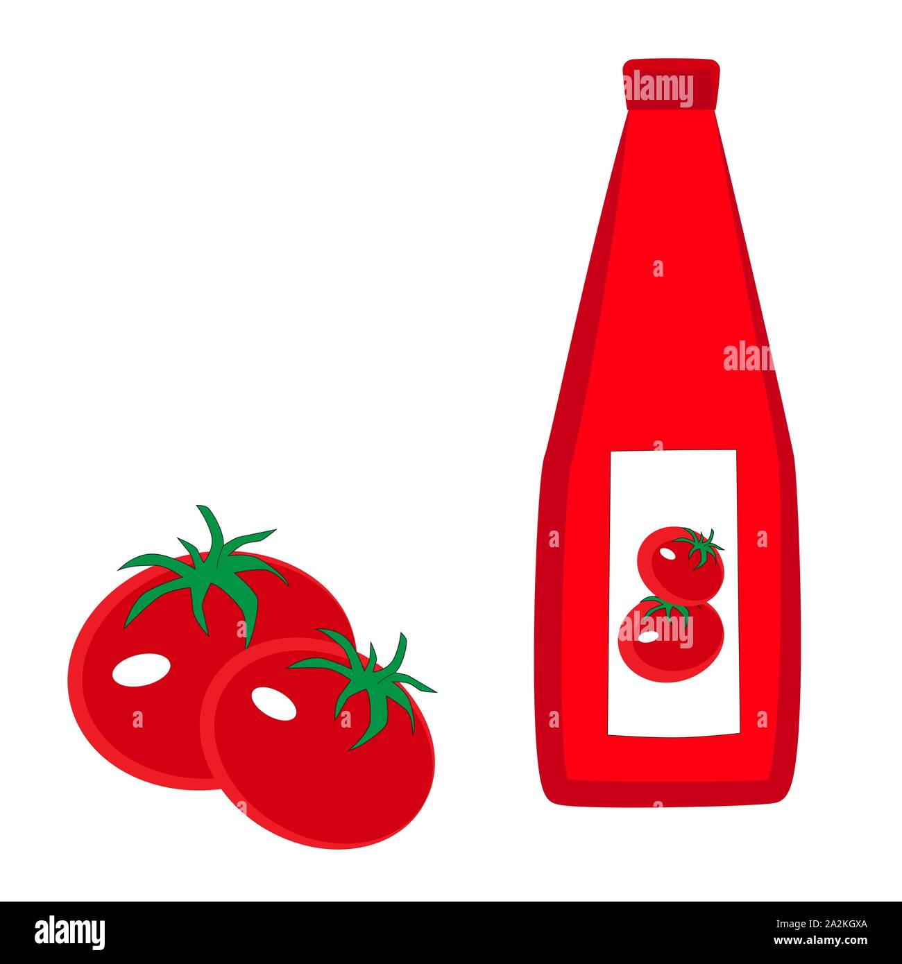 Deux tomates rouges et une bouteille de ketchup isolé par un fond blanc. Illustration de Vecteur