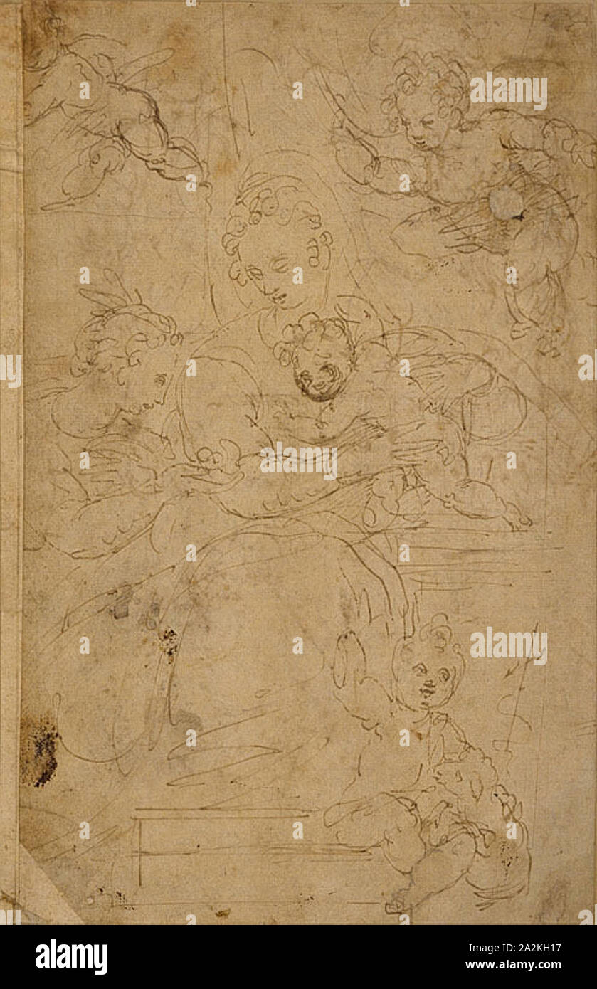 La Vierge et l'enfant avec Saint Jean Baptiste et une femelle Saint, 1540/60, Battista Franco, dit Il Semolei, Italien, ch. 1510-1561, l'Italie, plume et encre brune sur papier vergé, tan sur board, 256 x 159 mm (max. Banque D'Images