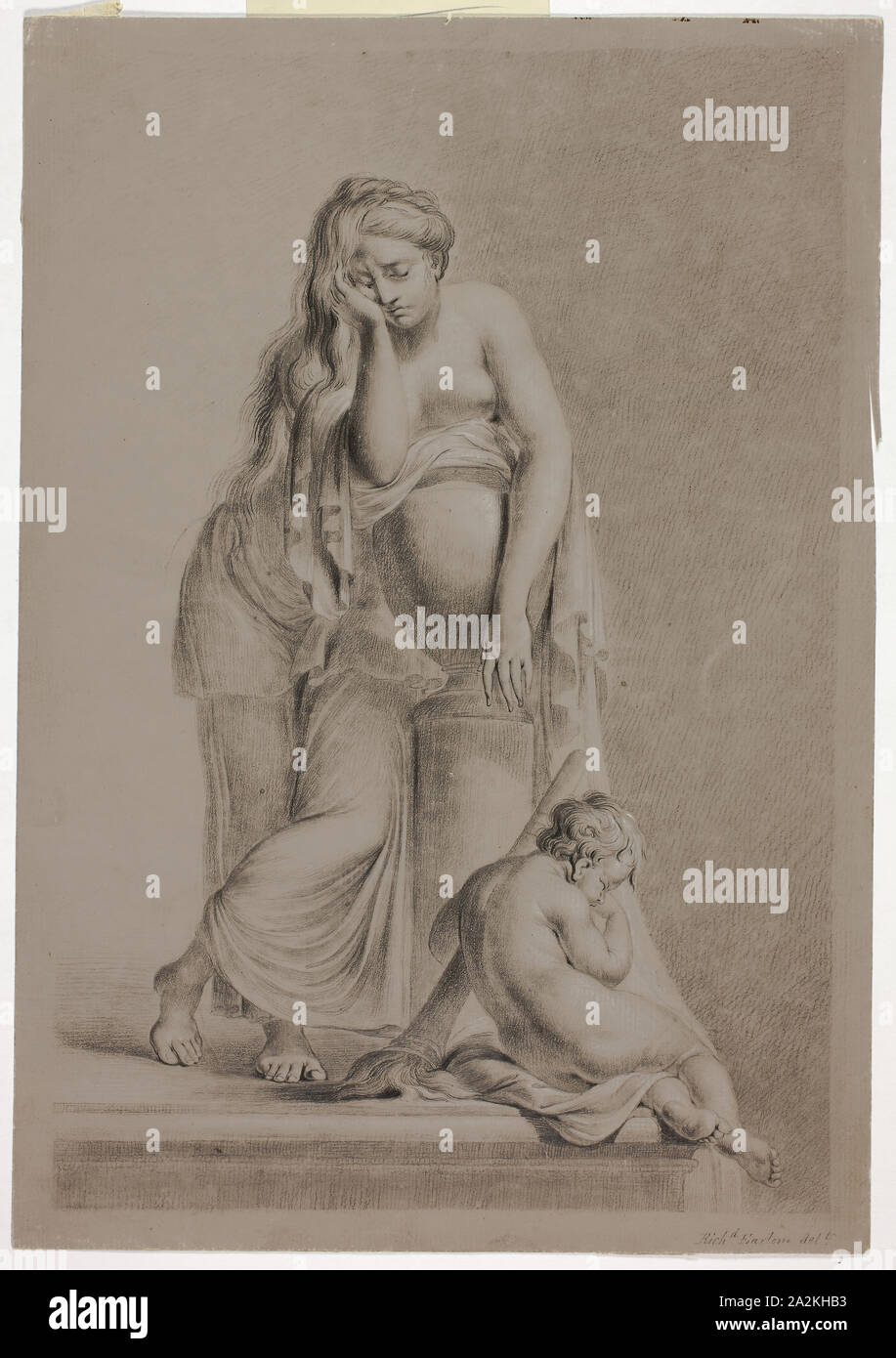 Figure féminine allégorique pleurant avec Putto, 1770/79, attribué à Richard Earlom ou après, britannique, 1743-1822, Angleterre, Graphite, gris avec lavage, mis en évidence en craie blanche, sur sol brun, préparé sur papier vergé ivoire, 332 × 231 mm Banque D'Images