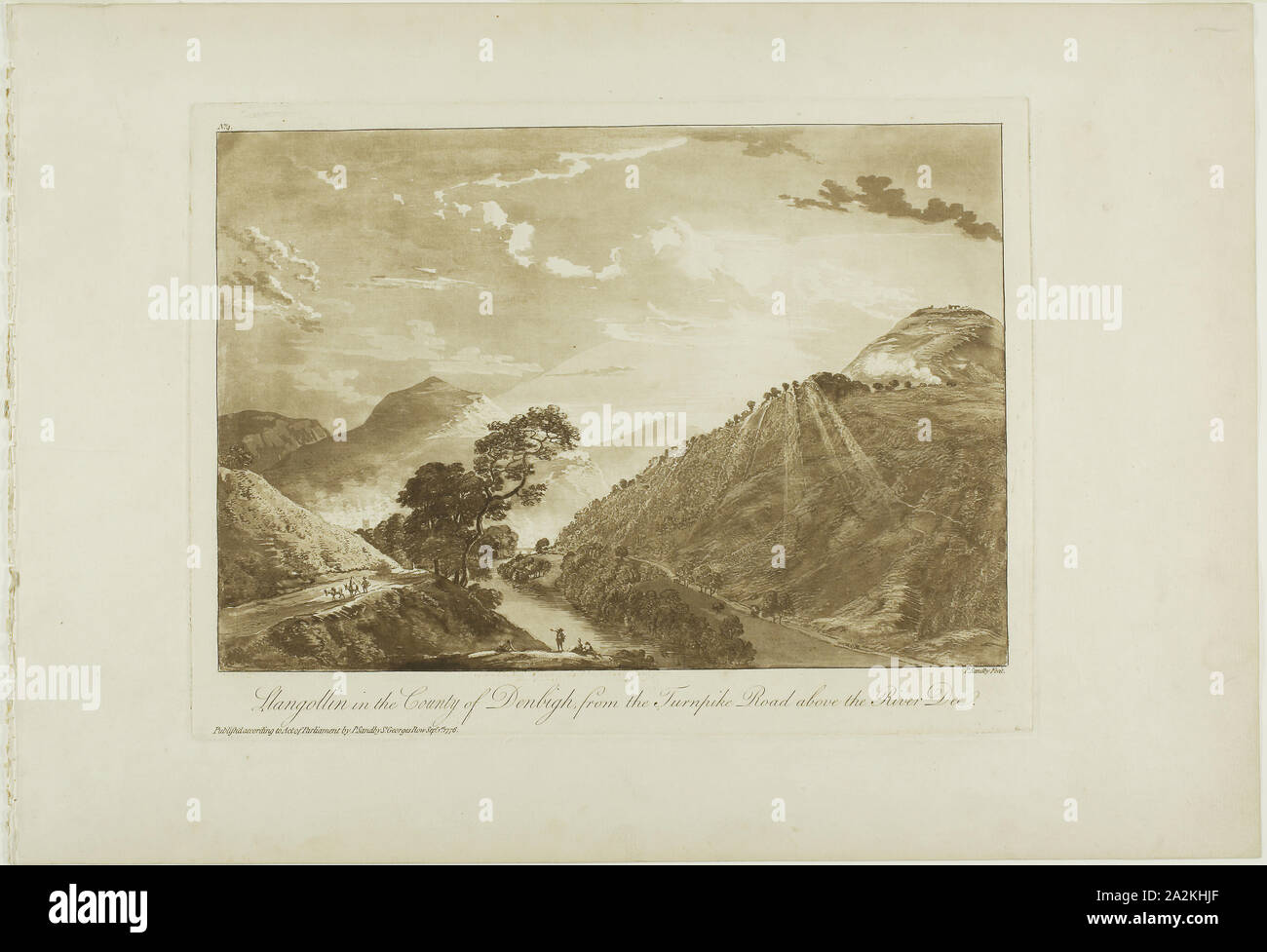 Llangollin dans le comté de Denbigh, du Turnpike Road au-dessus de la rivière Dee, 1776, Paul Sandby, anglais, 1731-1809, l'Angleterre, l'eau-forte et aquatinte en sanguine sur papier vergé ivoire, 239 × 315 mm (plaque), 320 × 463 mm (feuille Banque D'Images