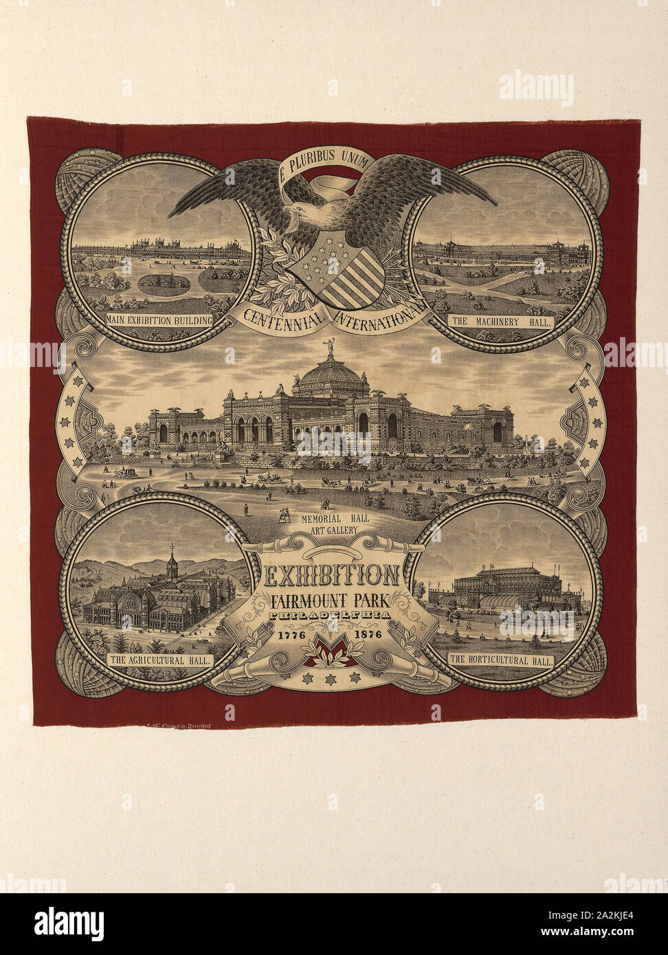 Mouchoir, c. 1876, fabriqué par A. & C. Cramer (allemand, actif vers 1876), l'Allemagne, Düsseldorf, Düsseldorf, du coton, à armure toile, d'un rouleau gravé et imprimé à rouleaux, 67,3 × 66,7 cm (26 1/2 x 26 1/4 in Banque D'Images